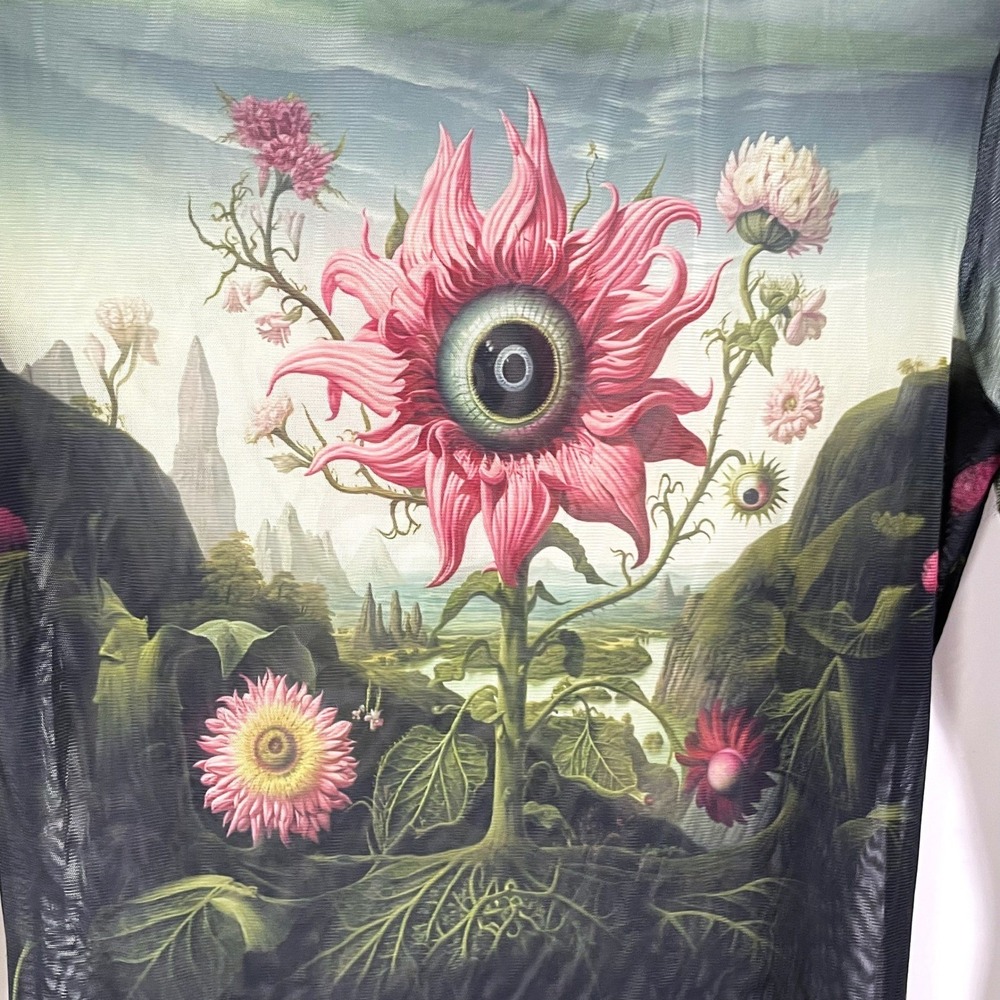 Monse Rose‎ Printed Mesh Top Long Sleeve Mesh Surrealist Sheer Long Sleeve Sz L - Picture 10 of 16